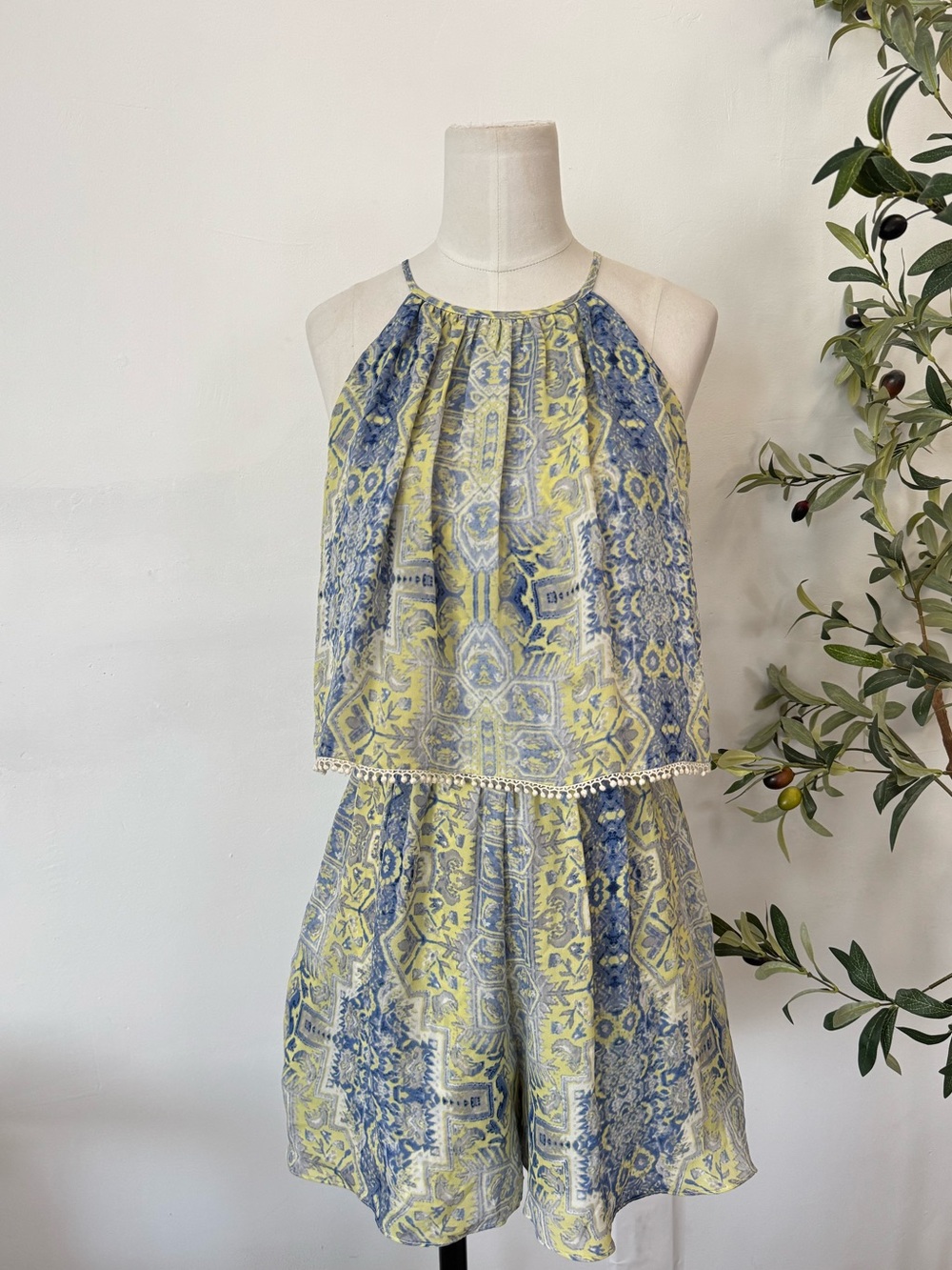 Parker 100% Silk Halter Romper Blue Yellow Paisley Print Boho Resort Size S